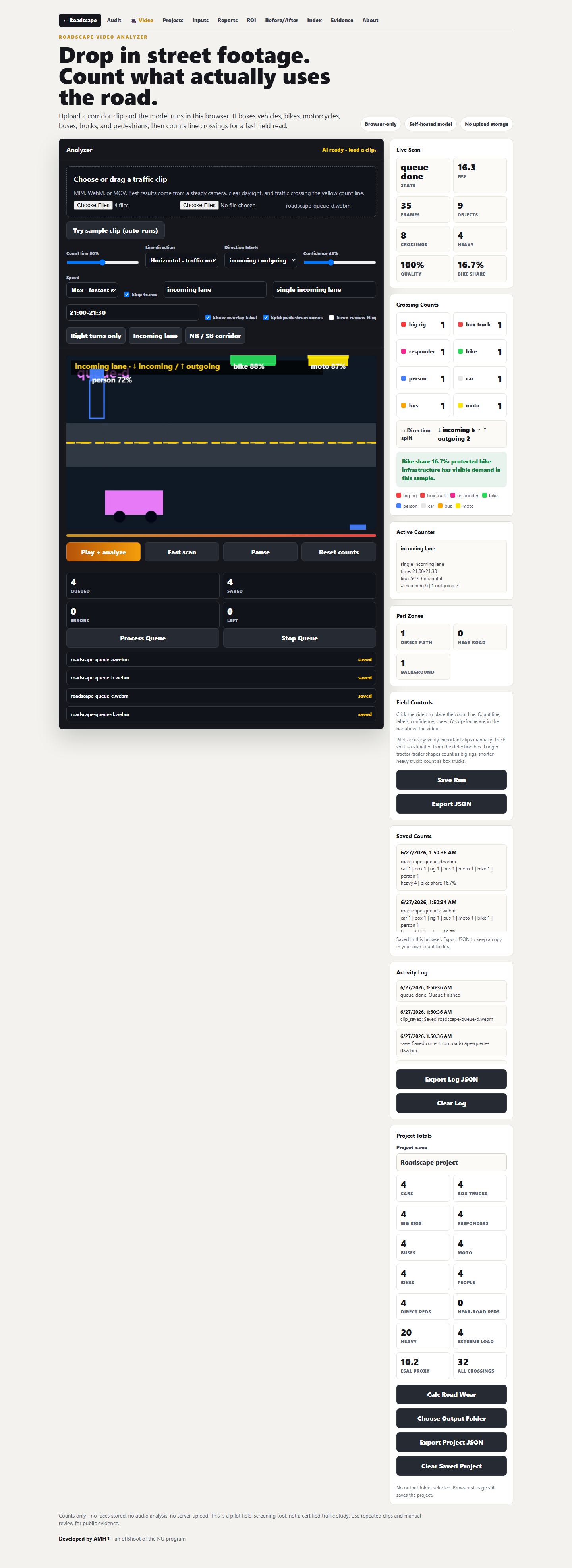Roadscape queue complete with four clips saved