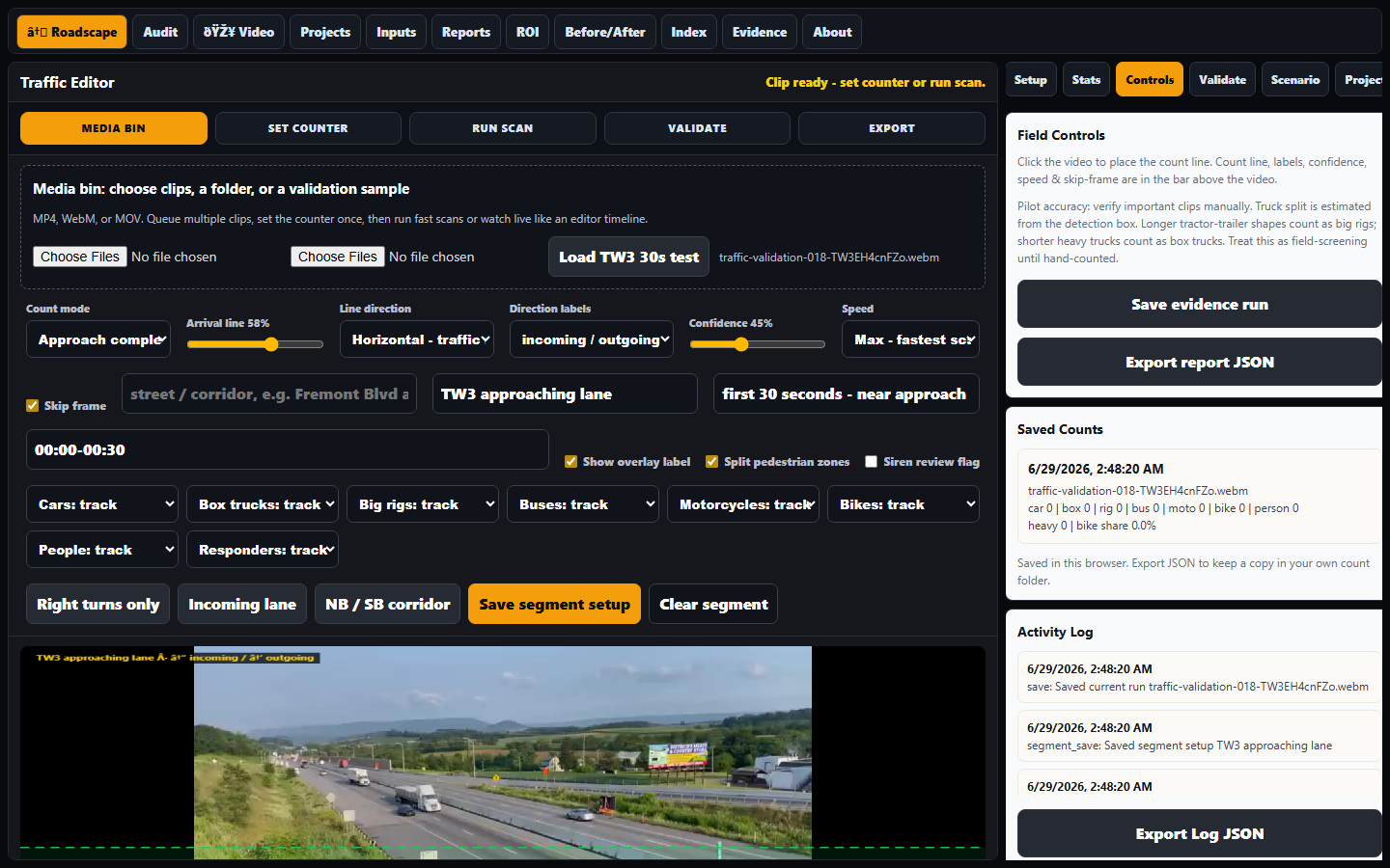 Roadscape report with counter segment export