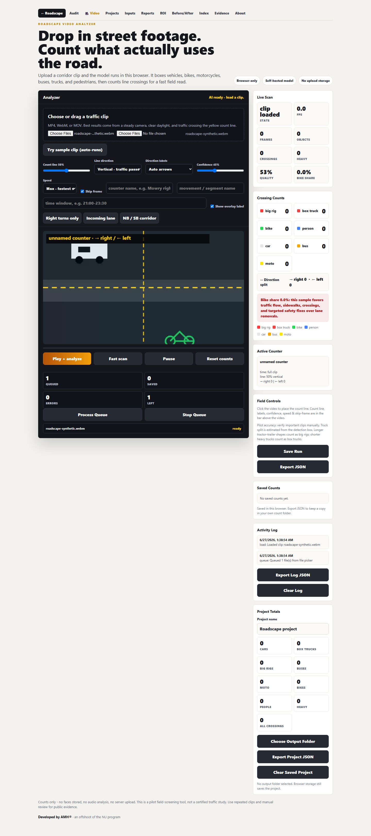 Roadscape setup screen with video loaded and count line visible